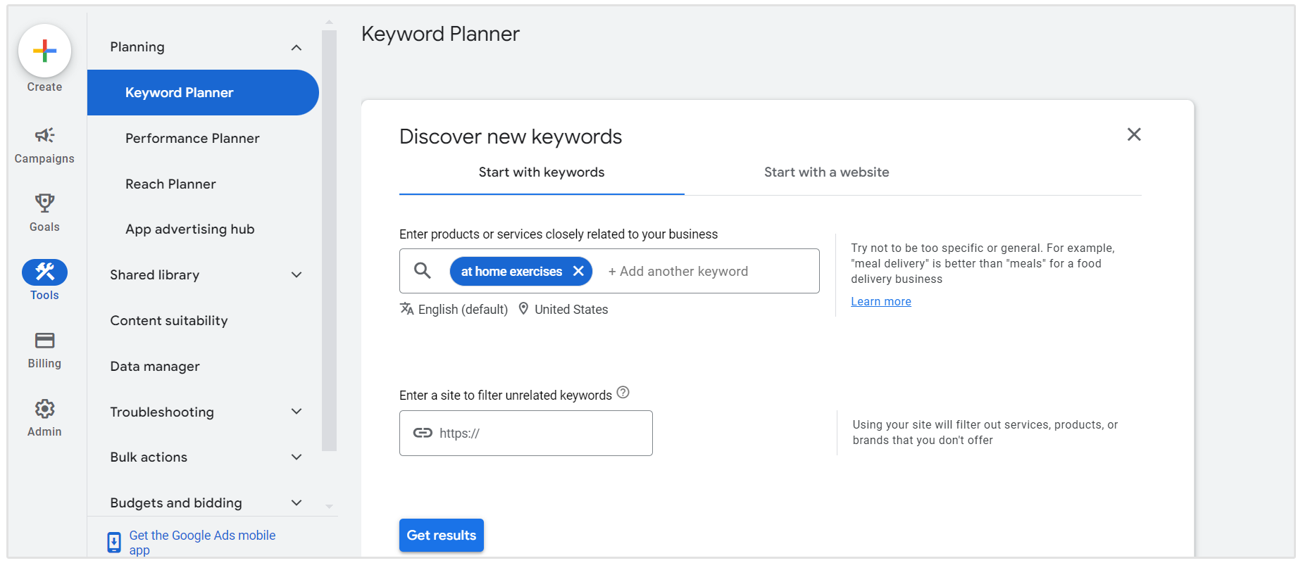 latihan di rumah google keyword planner